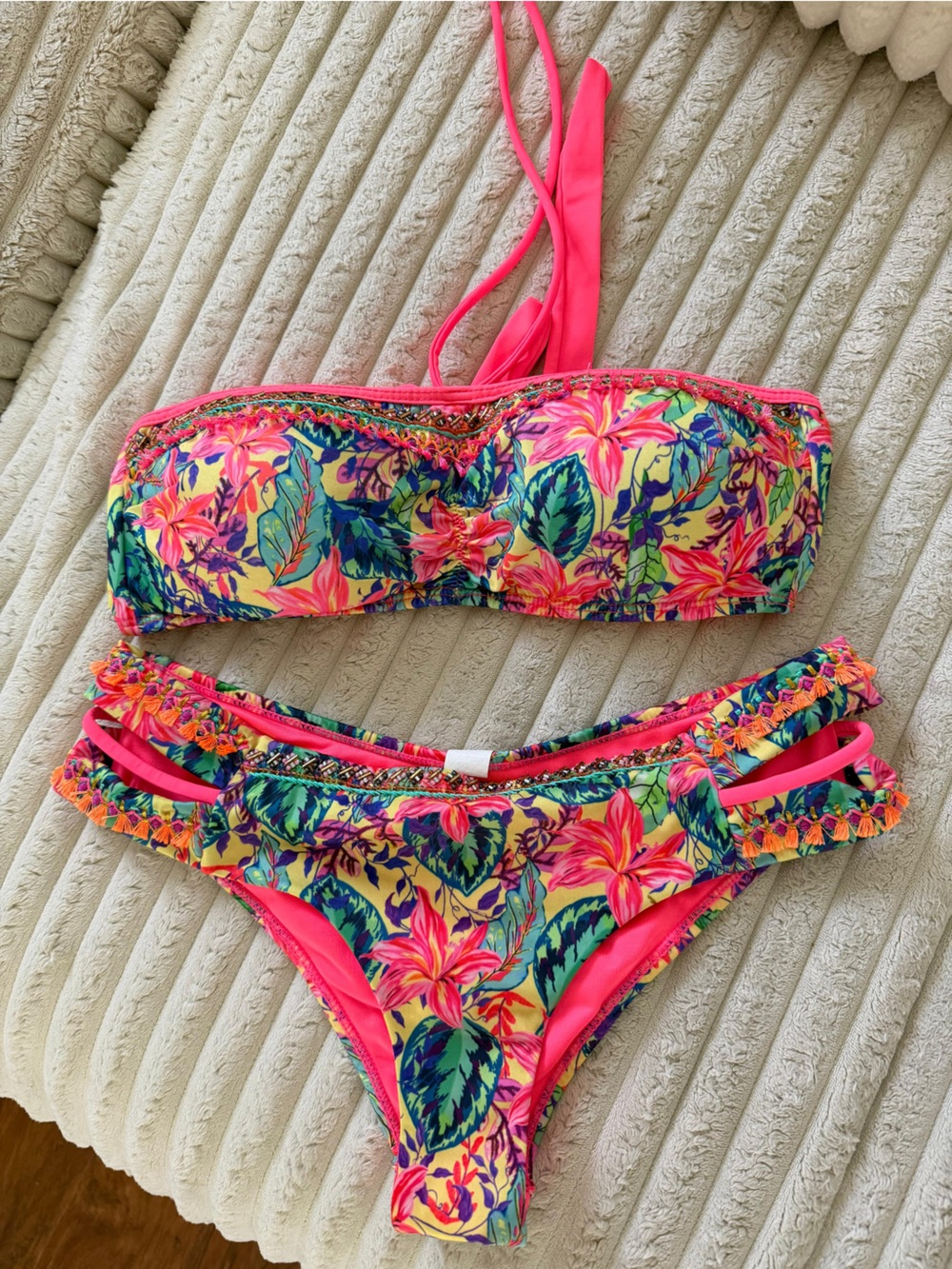 Hand Embellished Tropical Floral Bikini Set Padded Top Beaded Pink Swim- Small